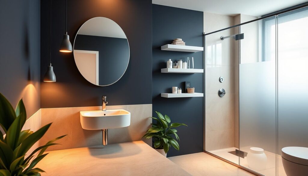 A modern bathroom interior showcasing trendy color palettes for 2023. The foreground features elegant, soft beige tiles with a matching sleek sink and faucet, accented by stylish green houseplants. In the middle, a polished mirror hangs above the sink reflecting warm ambient lighting, creating a cozy atmosphere. The walls are adorned with a rich navy blue color, complemented by floating white shelves holding tasteful decor items. The background includes a spa-like shower with chic frosted glass doors and gentle, natural light filtering in through a window. The overall mood is tranquil and inviting, capturing the essence of contemporary bathroom trends while making the space feel larger and brighter.