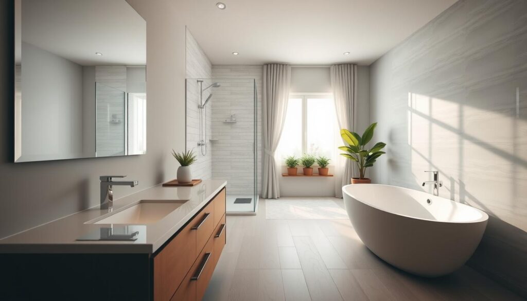 A modern bathroom layout featuring a stylish design with a harmonious blend of functionality and aesthetics. In the foreground, a sleek vanity with a polished countertop and polished chrome fixtures, accompanied by a large mirror reflecting soft, ambient lighting. The middle ground showcases a spacious walk-in shower with glass doors, elegant tiles in soothing tones, and a freestanding bathtub for relaxation. The background includes a window allowing natural light to stream in, framed by tasteful curtains, and potted green plants adding a touch of freshness. The overall ambiance is calm and inviting, with a color palette of soft grays and whites, accented by natural wood elements. The scene is captured from a slightly elevated angle, showcasing the entire layout while emphasizing the space's openness and organization.