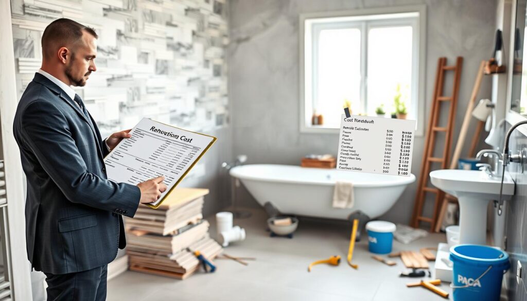 A modern bathroom renovation scene showcasing a detailed cost breakdown. In the foreground, a professional contractor in business attire examines a clipboard filled with renovation estimates and material costs. In the middle, a stylish, partially renovated bathroom with elegant tiles stacked against the wall, a bathtub surrounded by essential plumbing items, and new fixtures displayed nearby. The background features a vivid blue paint bucket and tools, like a tape measure and caulk gun, scattered around. Soft, natural lighting from a window highlights the textures and colors of the materials. The atmosphere is focused and industrious, emphasizing the planning and budget considerations involved in a bathroom renovation.