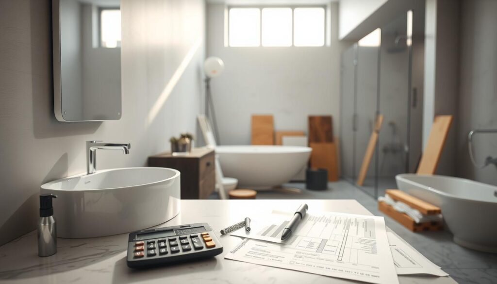 A modern bathroom renovation scene showcasing the costs involved. In the foreground, a sleek, minimalist bathroom design featuring a newly installed sink and stylish mirror, along with tools like a calculator and renovation plans spread out on a marble countertop. In the middle ground, visible construction materials such as tiles and planks, symbolizing transformation. The background includes a window allowing soft, natural light to illuminate the space, enhancing the modern aesthetic. The mood is professional and inspiring, reflecting ambition and practicality in home improvement. Use a wide-angle lens to capture the depth of the room while maintaining clarity and detail in the foreground elements.
