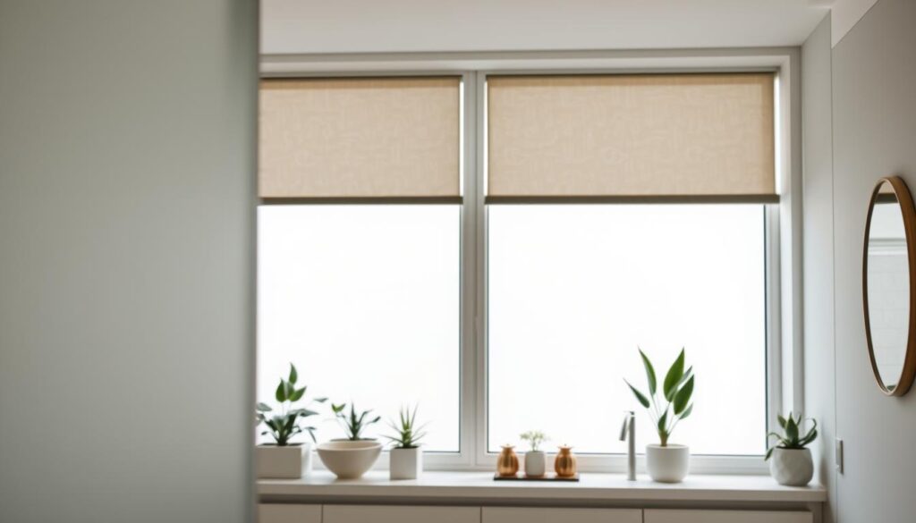 A modern bathroom scene featuring elegant window film applied to a large, bright window. In the foreground, the window film showcases a delicate, abstract pattern that provides both privacy and a sense of style. The middle layer includes softly diffused natural light filtering through the film, casting gentle shadows across a stylish bathroom vanity with minimalist decor and potted plants. In the background, hints of decorative elements like a tasteful mirror and soothing color palettes enhance the atmosphere. The mood is serene and contemporary, evoking a sense of tranquility and modern design. The angle captures the entire window and its interaction with the room, emphasizing the artful blend of functionality and decoration.