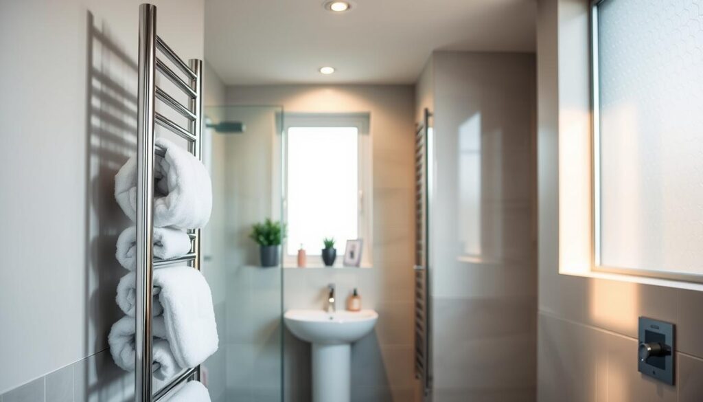 A modern bathroom scene showcasing an elegant ladder-style heated towel rail, prominently displayed in the foreground. The radiator features a sleek chrome finish, with several fluffy white towels neatly hung on the rungs. In the middle ground, the bathroom design includes stylish tiles, a small sink with a contemporary faucet, and minimalistic decor for a clean look. Soft, warm lighting emanates from recessed ceiling fixtures, casting inviting shadows. In the background, a frosted glass window allows natural light to filter through, enhancing the serene atmosphere. The overall mood is cozy and sophisticated, ideal for a small bathroom space. The composition is captured from a slight angle to highlight the radiator's functionality and aesthetic appeal while maintaining a professional presentation. A modern bathroom scene showcasing an elegant ladder-style heated towel rail, prominently displayed in the foreground. The radiator features a sleek chrome finish, with several fluffy white towels neatly hung on the rungs. In the middle ground, the bathroom design includes stylish tiles, a small sink with a contemporary faucet, and minimalistic decor for a clean look. Soft, warm lighting emanates from recessed ceiling fixtures, casting inviting shadows. In the background, a frosted glass window allows natural light to filter through, enhancing the serene atmosphere. The overall mood is cozy and sophisticated, ideal for a small bathroom space. The composition is captured from a slight angle to highlight the radiator's functionality and aesthetic appeal while maintaining a professional presentation.