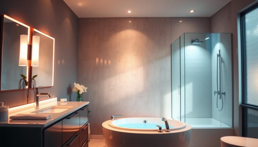 A modern bathroom scene showcasing distinct light zones, emphasizing the importance of lighting in different areas. In the foreground, a stylish vanity with an illuminated mirror, featuring soft, warm lights that create a welcoming atmosphere. In the middle ground, a soothing soaking tub under a soft overhead glow, illuminating the area with a calming blue hue, suggesting relaxation. The background displays a shower area with bright, focused lighting, highlighting the functionality of that space. Soft reflections on tiled walls enhance the elegance of the design. The overall mood is serene and inviting, beautifully balancing functionality with aesthetics, all under natural daylight streaming in from a frosted window, creating an airy feel. A modern bathroom scene showcasing distinct light zones, emphasizing the importance of lighting in different areas. In the foreground, a stylish vanity with an illuminated mirror, featuring soft, warm lights that create a welcoming atmosphere. In the middle ground, a soothing soaking tub under a soft overhead glow, illuminating the area with a calming blue hue, suggesting relaxation. The background displays a shower area with bright, focused lighting, highlighting the functionality of that space. Soft reflections on tiled walls enhance the elegance of the design. The overall mood is serene and inviting, beautifully balancing functionality with aesthetics, all under natural daylight streaming in from a frosted window, creating an airy feel.