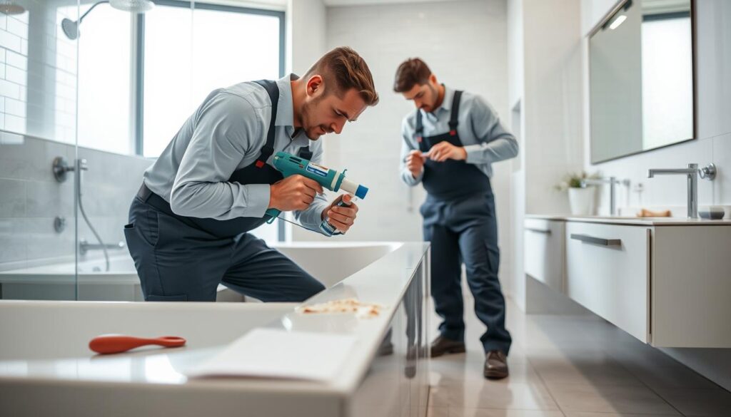 A modern bathroom scene showcasing the process of silicone replacement. In the foreground, a skilled tradesperson in professional attire using a silicone gun to apply fresh sealant along the edge of a bathtub, demonstrating precision and care. The middle ground features a partially removed section of old silicone, with cleanup tools like a scraper and cleaning spray visible. The background includes a stylish bathroom with bright lighting, glossy tiles, and contemporary fixtures. Soft natural light filters through a frosted window, creating a calm and focused atmosphere. The overall composition emphasizes the importance of maintenance and the involvement of professional craftsmanship in home improvement tasks.