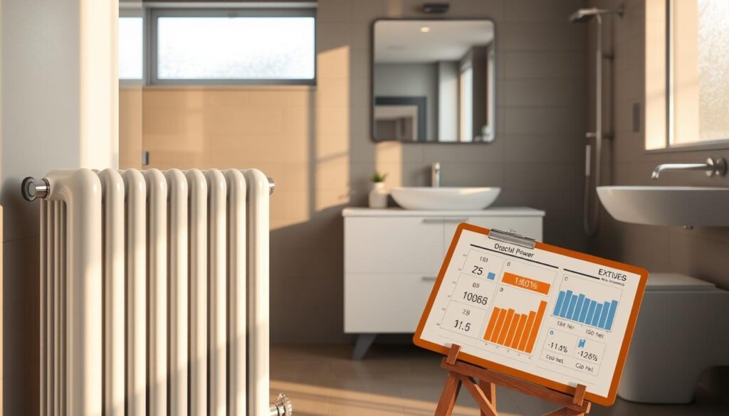 A modern bathroom setting designed to illustrate radiator power calculations. In the foreground, a stylish radiator with clear dimensions and energy rating labels. Beside it, a clipboard with neatly arranged charts and graphs showing calculations of heat output, featuring numerical values and temperature metrics. The middle ground includes a sleek, minimalist vanity with a mirror reflecting soft, warm lighting. The background showcases elegant tiles and fixtures, softly illuminated by natural light filtering through a frosted window, creating a calm and professional atmosphere. The focus is on clarity and functionality, emphasizing the practical aspects of heating a bathroom while maintaining an aesthetic appeal. No text or branding present. A modern bathroom setting designed to illustrate radiator power calculations. In the foreground, a stylish radiator with clear dimensions and energy rating labels. Beside it, a clipboard with neatly arranged charts and graphs showing calculations of heat output, featuring numerical values and temperature metrics. The middle ground includes a sleek, minimalist vanity with a mirror reflecting soft, warm lighting. The background showcases elegant tiles and fixtures, softly illuminated by natural light filtering through a frosted window, creating a calm and professional atmosphere. The focus is on clarity and functionality, emphasizing the practical aspects of heating a bathroom while maintaining an aesthetic appeal. No text or branding present.