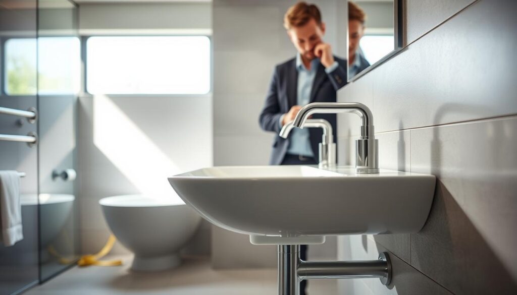 A modern bathroom setting showcasing an optimal sink height for comfort. In the foreground, a sleek, white sink with polished chrome faucets is mounted at a comfortable height, appealing to both adults and children. To the left, a thoughtful adult in professional attire adjusts the faucet, demonstrating accessibility. In the middle ground, a measuring tape is laid out next to the sink, emphasizing the importance of height measurement. The background features light gray tiled walls and a large window allowing natural sunlight to flood the space, creating a warm and inviting atmosphere. The overall mood is practical yet stylish, highlighting functionality in bathroom design. Soft shadows and well-balanced lighting emphasize the details without overwhelming the composition.
