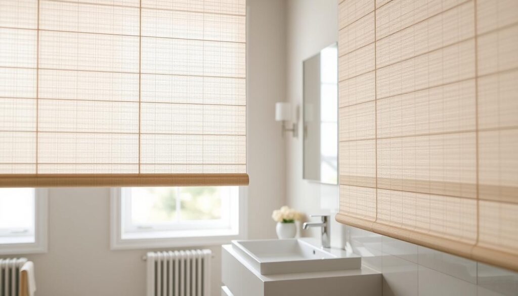 A modern bathroom showcasing elegant roller blinds, specifically designed for privacy and light control. In the foreground, the roller blinds are partially drawn, allowing soft, diffused natural light to filter through, highlighting their textures and patterns in a subtle fabric. The middle section features a sleek, minimalist sink and a mirror that reflects a serene atmosphere. In the background, a window with light filtering through the blinds, framed by neutral-colored walls adorned with tasteful décor. The scene is bright and airy, evoking a tranquil and relaxing mood. The lighting is soft and inviting, creating a sense of calm. The perspective is slightly elevated, offering a clear view of the roller blinds' practical features.