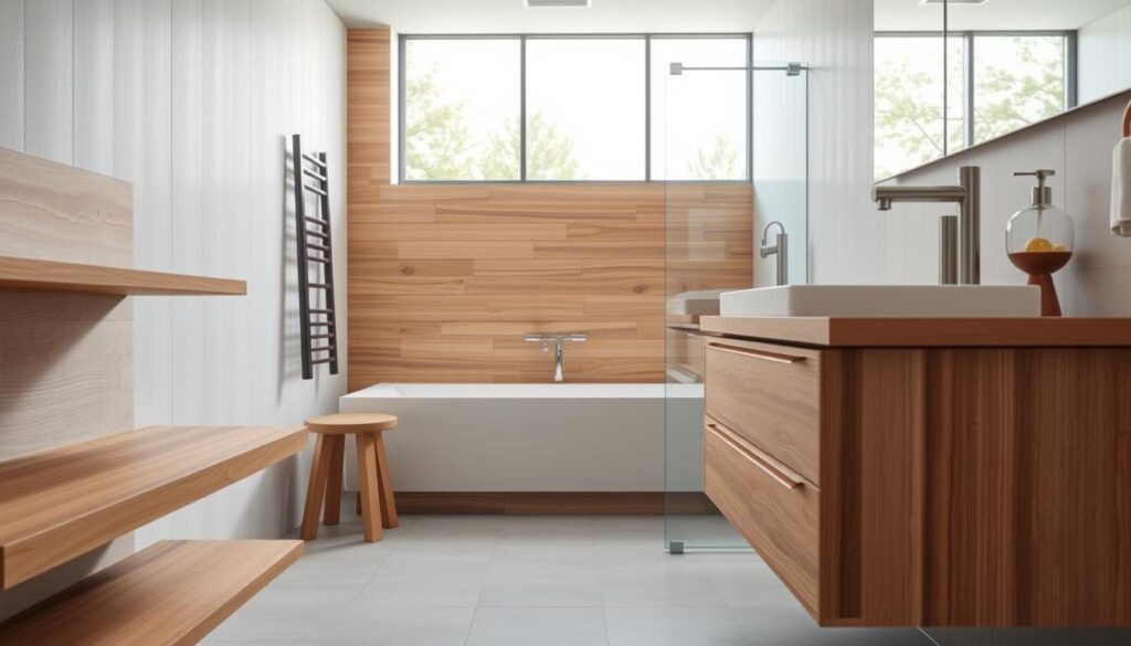 A modern bathroom showcasing the innovative use of wood in a humid environment. The foreground features sleek wooden shelves and a natural wood vanity, highlighting the texture and grain of the timber. In the middle ground, a stylish wooden accent wall, treated to withstand moisture, adds warmth and sophistication, complemented by metallic fixtures. The background reveals a large window allowing soft, diffuse natural light to fill the space, creating a calm and inviting atmosphere. The wooden elements contrast elegantly with cool stone tiles on the floor, emphasizing a harmonious blend of materials. The scene conveys a serene and contemporary aesthetic, ideal for showcasing the intersection of design and functionality in moisture-prone areas. A modern bathroom showcasing the innovative use of wood in a humid environment. The foreground features sleek wooden shelves and a natural wood vanity, highlighting the texture and grain of the timber. In the middle ground, a stylish wooden accent wall, treated to withstand moisture, adds warmth and sophistication, complemented by metallic fixtures. The background reveals a large window allowing soft, diffuse natural light to fill the space, creating a calm and inviting atmosphere. The wooden elements contrast elegantly with cool stone tiles on the floor, emphasizing a harmonious blend of materials. The scene conveys a serene and contemporary aesthetic, ideal for showcasing the intersection of design and functionality in moisture-prone areas.