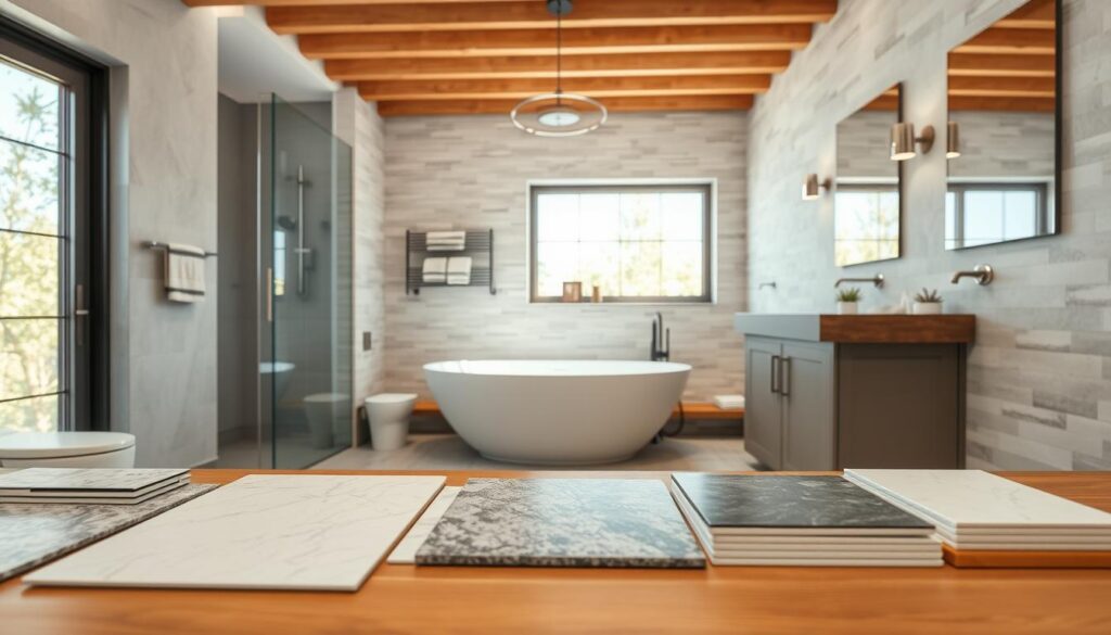 A modern bathroom space showcasing various finishing materials and pricing layout. In the foreground, neatly arranged samples of tiles, countertops, and fixtures on a wooden table. The middle ground features a partially renovated bathroom with a sleek bathtub, elegant lighting fixtures, and well-organized plumbing elements indicating ongoing renovation work. The background contains a bright window allowing natural sunlight to fill the room, creating a warm and inviting atmosphere. Use soft, diffused lighting to highlight the textures of the materials while ensuring the scene feels professional and polished. The angle should be slightly elevated, capturing both detail and overall layout, conveying a sense of thoughtful planning in bathroom renovation pricing.