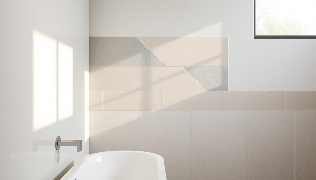 A modern bathroom wall showcasing innovative finishes beyond traditional tiles, featuring a blend of paint, elegant wall panels, and sleek microcement. In the foreground, a section of the wall painted in a soothing pastel color with a glossy finish, showcasing the durability and waterproof nature of the paint. The middle layer displays textured wall panels, beautifully arranged in geometric patterns, with soft shadows emphasizing their depth. In the background, a hint of natural light streaming in from a frosted window creates a warm and inviting atmosphere, enhancing the calming vibe of the space. The mood is fresh and contemporary, perfect for a stylish bathroom setting. A modern bathroom wall showcasing innovative finishes beyond traditional tiles, featuring a blend of paint, elegant wall panels, and sleek microcement. In the foreground, a section of the wall painted in a soothing pastel color with a glossy finish, showcasing the durability and waterproof nature of the paint. The middle layer displays textured wall panels, beautifully arranged in geometric patterns, with soft shadows emphasizing their depth. In the background, a hint of natural light streaming in from a frosted window creates a warm and inviting atmosphere, enhancing the calming vibe of the space. The mood is fresh and contemporary, perfect for a stylish bathroom setting.