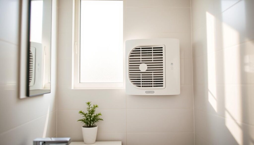 A modern bathroom without a window, featuring a sleek and stylish exhaust fan mounted on the wall. The fan has a minimalist design with a white finish, blending seamlessly with the surrounding light-colored tiles. In the foreground, there is a neatly arranged vanity with a small potted plant adding a touch of greenery. The middle of the image focuses on the fan, showcasing its intricate details like the ventilation grill and control buttons. Soft, natural lighting streams in from a frosted glass window, casting a warm ambiance in the room. A subtle reflection of the fan can be seen in a mirror above the sink, enhancing the sense of space. The overall mood is serene and functional, ideal for a bathroom space.