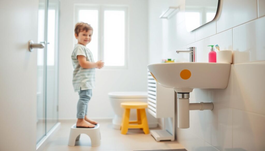 A modern children's bathroom featuring a low-mounted sink tailored for young users. In the foreground, a cheerful child, around six years old, stands on a small step stool, washing their hands at the sink, which is decorated with colorful stickers. The sink is at an appropriate height for children, emphasizing accessibility and comfort. In the middle ground, there are bright, playful bathroom accessories like a colorful soap dispenser and a cheerful toothbrush holder. In the background, soft, natural light filters through a frosted window, illuminating light pastel-colored walls and ensuring a warm, inviting atmosphere. The camera angle is slightly angled down towards the sink to capture the child’s perspective. The scene conveys a sense of joy and practicality in children’s bathroom design.