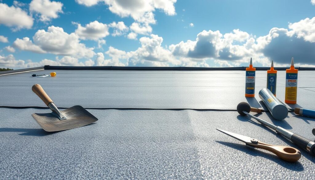 A modern flat roof installation demonstrating alternative materials to traditional roofing felt. In the foreground, show sleek layers of waterproof membranes with detailed texture, including EPDM and advanced synthetic options, glistening under soft natural sunlight. Surround these materials with tools and equipment used in modern roofing applications, like a spade, shears, and adhesive tubes. In the middle ground, illustrate a partially completed flat roof with visible installation phases, enhancing the concept of innovative roofing solutions. The background features a vivid blue sky with soft, fluffy clouds, casting gentle shadows over the roof. The overall mood is professional and forward-thinking, showcasing modern construction techniques and materials in a bright and inviting atmosphere.