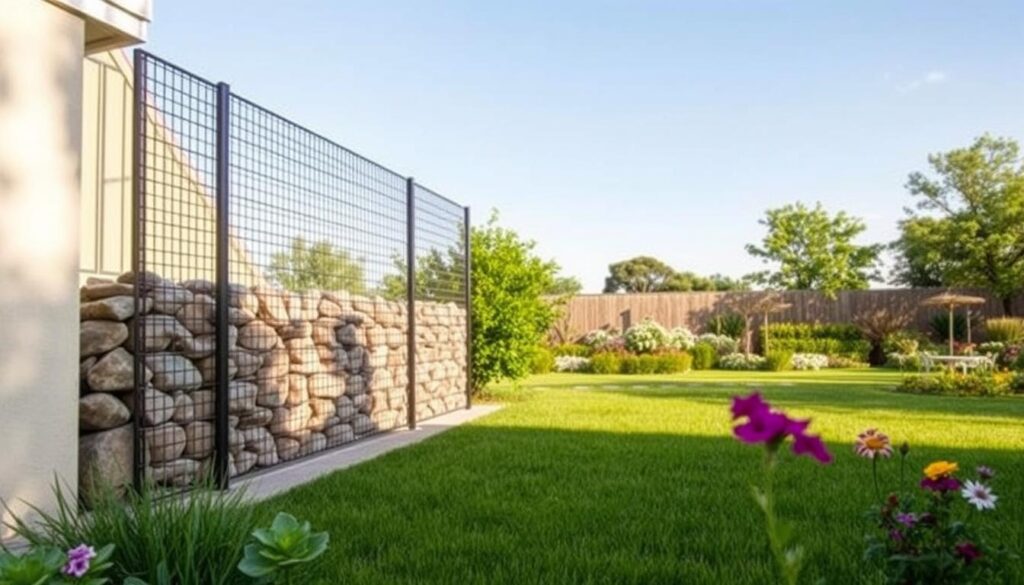 A modern garden scene featuring stylish gabion fencing, showcasing a unique combination of steel mesh and stones. The foreground includes a well-manicured lawn with vibrant plants and flowers, providing a lively contrast to the rustic texture of the gabions. In the middle ground, the gabion fence stands tall, emphasizing its sleek design, positioned to create privacy while maintaining an open feel. The background includes a picturesque garden with trees and a clear blue sky, allowing soft, natural lighting to illuminate the scene. The mood is serene and inviting, reflecting a contemporary outdoor aesthetic suitable for any garden setting, with no human subjects present.