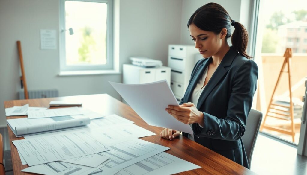 A modern office environment filled with paperwork related to bathroom renovation approvals, scattered renovation plans and blueprints on a polished wooden desk. In the foreground, a well-dressed professional woman, wearing a smart blazer, is reviewing a document with focused intent. In the middle ground, a large window allows natural light to flood the room, illuminating the plans and creating a bright atmosphere. A practical, organized filing cabinet stands against the wall, with renovation permits neatly stored. In the background, a subtle view of construction tools and materials hints at ongoing preparations. The mood is one of determination and readiness, reflecting the essential formalities that precede a renovation project. A modern office environment filled with paperwork related to bathroom renovation approvals, scattered renovation plans and blueprints on a polished wooden desk. In the foreground, a well-dressed professional woman, wearing a smart blazer, is reviewing a document with focused intent. In the middle ground, a large window allows natural light to flood the room, illuminating the plans and creating a bright atmosphere. A practical, organized filing cabinet stands against the wall, with renovation permits neatly stored. In the background, a subtle view of construction tools and materials hints at ongoing preparations. The mood is one of determination and readiness, reflecting the essential formalities that precede a renovation project.