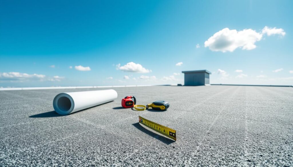 A modern rooftop featuring a high-quality membrane roofing system installed without decking. The foreground showcases the detailed texture of the membrane, highlighting its durable and waterproof characteristics. In the middle, include a few construction tools, like a measuring tape and a roll of membrane, to emphasize the installation process. The background shows a clear blue sky with a few fluffy clouds, providing a sense of openness and clarity. The lighting is bright and natural, simulating a sunny day, enhancing the colors of the membrane. The atmosphere is professional and focused, suitable for showcasing advanced roofing techniques, without any people or additional distractions in the scene.