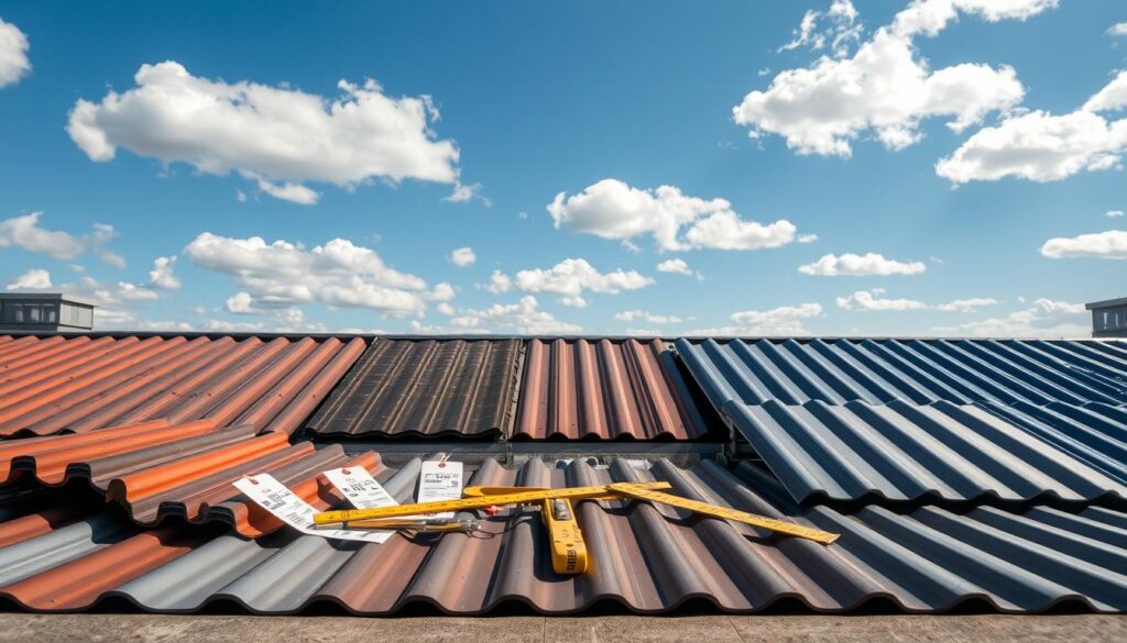 A modern rooftop landscape showcasing various types of metal roofing sheets displayed prominently in the foreground, highlighting different materials and textures. In the middle ground, several pricing tags and measuring tools are arranged to suggest the context of cost comparison, reflecting a professional setting. The background features a clear blue sky with scattered clouds to give a sense of openness and clarity. The lighting is bright and natural, simulating a sunny day, with shadows creating depth. Capture the atmosphere of an informative and engaging space, inviting homeowners and builders alike to consider their roofing options. The angle should be slightly elevated for a comprehensive perspective, ensuring the focus remains on the roofing materials and associated costs. A modern rooftop landscape showcasing various types of metal roofing sheets displayed prominently in the foreground, highlighting different materials and textures. In the middle ground, several pricing tags and measuring tools are arranged to suggest the context of cost comparison, reflecting a professional setting. The background features a clear blue sky with scattered clouds to give a sense of openness and clarity. The lighting is bright and natural, simulating a sunny day, with shadows creating depth. Capture the atmosphere of an informative and engaging space, inviting homeowners and builders alike to consider their roofing options. The angle should be slightly elevated for a comprehensive perspective, ensuring the focus remains on the roofing materials and associated costs.