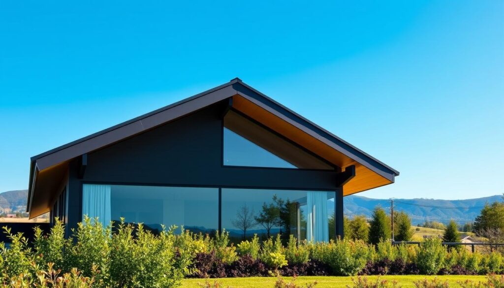 A modern single-slope roof (dach jednospadowy) atop a contemporary house, set against a clear blue sky. In the foreground, showcase the roof's clean lines and slanted design, highlighting the angles and materials used such as metal or shingles. In the middle ground, depict the house's facade with large windows reflecting sunlight, surrounded by green landscaping to convey a fresh atmosphere. The background features a picturesque view of gentle hills or trees to create depth. The lighting is bright and sunny, casting soft shadows that emphasize the roof's structure. The overall mood is serene and architectural, perfect for illustrating the concept of a single-pitched roof.