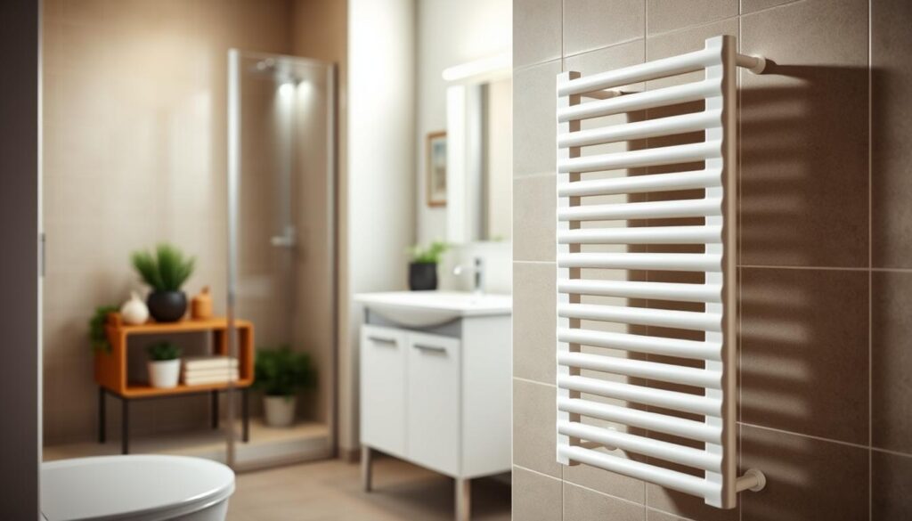 A modern small bathroom design featuring the best heating solution, a sleek and compact radiator, elegantly mounted on a wall. In the foreground, showcase the stylish radiator with an emphasis on its functionality and design, perhaps in a white or matte finish. In the middle ground, include minimalistic bathroom elements like a small vanity, a mirror, and decorative plants, all contributing to a cozy atmosphere. The background should subtly display tiled walls and ambient lighting, creating a warm and inviting mood. The image should be taken from a slightly angled perspective, capturing both the radiator and the overall bathroom space, with natural light illuminating the scene to enhance the details and textures. A modern small bathroom design featuring the best heating solution, a sleek and compact radiator, elegantly mounted on a wall. In the foreground, showcase the stylish radiator with an emphasis on its functionality and design, perhaps in a white or matte finish. In the middle ground, include minimalistic bathroom elements like a small vanity, a mirror, and decorative plants, all contributing to a cozy atmosphere. The background should subtly display tiled walls and ambient lighting, creating a warm and inviting mood. The image should be taken from a slightly angled perspective, capturing both the radiator and the overall bathroom space, with natural light illuminating the scene to enhance the details and textures.