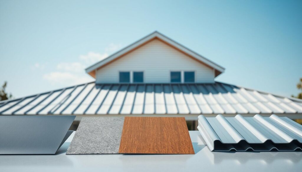 A modern, two-sided roof demonstrating various metal sheet options for a gabled roof. In the foreground, there are samples of three different types of metal roofing materials: smooth, textured, and corrugated, each displayed on a sleek surface. The middle ground shows a partially constructed house featuring the gabled roof, showcasing the selected roofing materials being installed. In the background, a clear blue sky is illuminated by soft, natural daylight, enhancing the overall brightness of the scene. The mood is professional and informative, reflecting a tranquil atmosphere conducive to decision-making, as if presenting an architectural consultation. The angle captures the roof from a slightly elevated viewpoint, providing a comprehensive view of both the material choices and the architectural design.