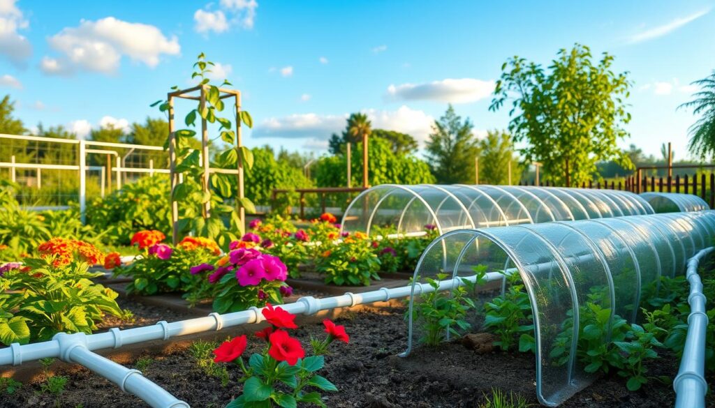 A peaceful garden scene featuring various creative uses of PVC pipes. In the foreground, showcase a network of PVC irrigation pipes gently watering vibrant flower beds. Nearby, a well-structured DIY PVC trellis supports climbing plants. The middle ground shows a series of PVC tunnels, providing shelter for young seedlings, with lush greenery surrounding them. In the background, a bright blue sky with soft clouds illuminates the garden, creating a warm and inviting atmosphere. The lighting is soft and diffused, suggesting early morning or late afternoon. Use a wide-angle lens to capture the full breadth of this productive garden, emphasizing the versatility and practicality of PVC pipes for effective gardening.