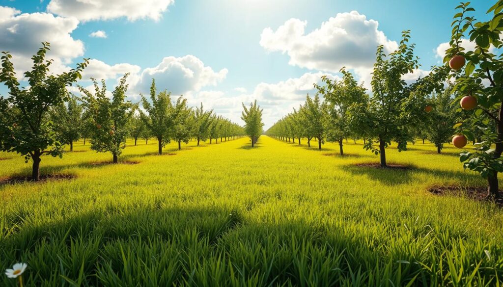A picturesque garden layout showing the systematic arrangement of various fruit trees, such as apple, cherry, and peach, each spaced optimally for sunlight exposure. In the foreground, vibrant green grass with blooming flowers, creating a welcoming atmosphere. The middle ground features the fruit trees in neat rows, demonstrating appropriate distances for healthy growth. The background depicts a blue sky with soft, fluffy clouds and gentle sunlight streaming down, casting dappled shadows on the ground. The overall mood is serene and idyllic, inviting viewers to imagine their own garden. The angle is slightly elevated, giving a comprehensive view of the garden design, emphasizing planning and organization in fruit tree placement. A picturesque garden layout showing the systematic arrangement of various fruit trees, such as apple, cherry, and peach, each spaced optimally for sunlight exposure. In the foreground, vibrant green grass with blooming flowers, creating a welcoming atmosphere. The middle ground features the fruit trees in neat rows, demonstrating appropriate distances for healthy growth. The background depicts a blue sky with soft, fluffy clouds and gentle sunlight streaming down, casting dappled shadows on the ground. The overall mood is serene and idyllic, inviting viewers to imagine their own garden. The angle is slightly elevated, giving a comprehensive view of the garden design, emphasizing planning and organization in fruit tree placement.