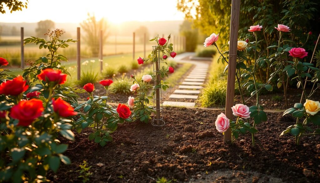A picturesque garden setting featuring a designated spot for roses, showcasing healthy, blooming rose plants in various colors like red, pink, and yellow. The foreground includes well-mulched soil, surrounded by green foliage, highlighting the importance of optimal soil preparation. In the middle, a small trellis adorned with climbing roses adds depth and structure, while a sturdy, wooden stake supports the roses, demonstrating proper planting techniques. The background contains a soft-focus view of a serene garden landscape, with gentle sunlight filtering through leaves, creating a warm, inviting atmosphere. A narrow path leads to this ideal rose-growing area, emphasizing accessibility. The scene is bathed in golden hour lighting, creating a harmonious and tranquil mood, perfect for illustrating the essence of selecting the right location for rose cultivation. A picturesque garden setting featuring a designated spot for roses, showcasing healthy, blooming rose plants in various colors like red, pink, and yellow. The foreground includes well-mulched soil, surrounded by green foliage, highlighting the importance of optimal soil preparation. In the middle, a small trellis adorned with climbing roses adds depth and structure, while a sturdy, wooden stake supports the roses, demonstrating proper planting techniques. The background contains a soft-focus view of a serene garden landscape, with gentle sunlight filtering through leaves, creating a warm, inviting atmosphere. A narrow path leads to this ideal rose-growing area, emphasizing accessibility. The scene is bathed in golden hour lighting, creating a harmonious and tranquil mood, perfect for illustrating the essence of selecting the right location for rose cultivation.