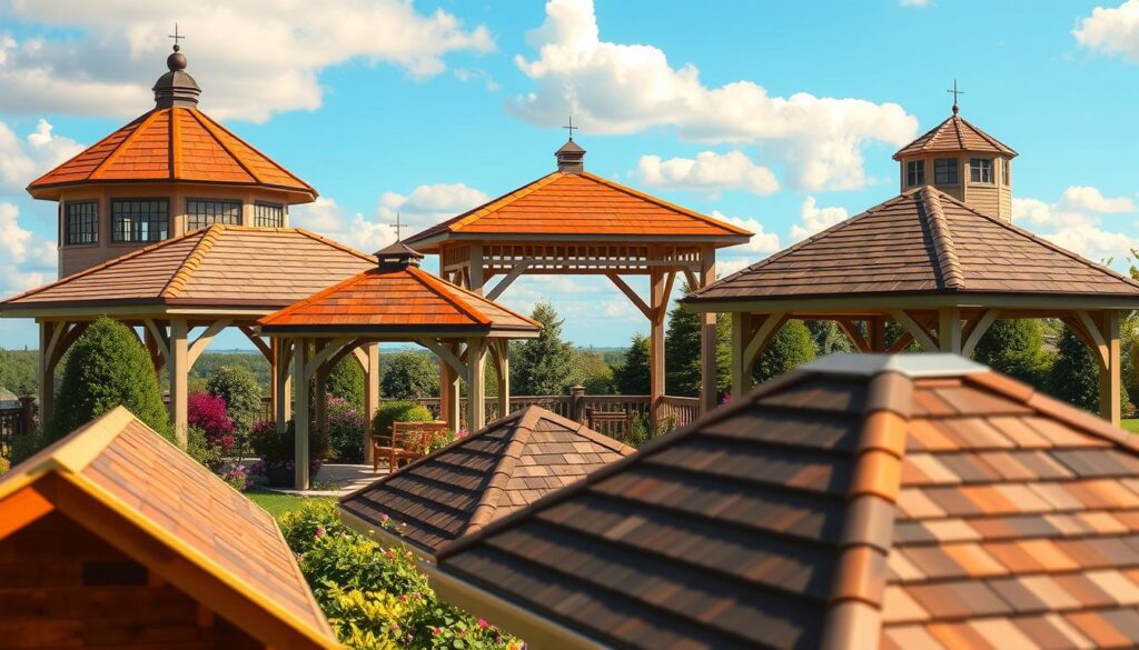 A picturesque scene of various styles of garden gazebo roofs, showcasing multiple designs such as gable, flat, and hipped roofs. In the foreground, there are detailed illustrations of the roof structures, highlighting their angles, slopes, and construction materials like wood and shingles. The middle ground features an inviting garden setting with blooming flowers and lush greenery surrounding the gazebos, while the background presents a clear blue sky with soft, fluffy clouds. The lighting is warm and inviting, suggesting a sunny day, with sunlight casting gentle shadows. The composition should be captured from a slightly elevated angle, providing a comprehensive view of the different roofing styles, conveying a mood of creativity and inspiration in outdoor living spaces. A picturesque scene of various styles of garden gazebo roofs, showcasing multiple designs such as gable, flat, and hipped roofs. In the foreground, there are detailed illustrations of the roof structures, highlighting their angles, slopes, and construction materials like wood and shingles. The middle ground features an inviting garden setting with blooming flowers and lush greenery surrounding the gazebos, while the background presents a clear blue sky with soft, fluffy clouds. The lighting is warm and inviting, suggesting a sunny day, with sunlight casting gentle shadows. The composition should be captured from a slightly elevated angle, providing a comprehensive view of the different roofing styles, conveying a mood of creativity and inspiration in outdoor living spaces.