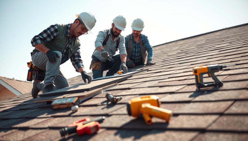 A professional construction crew working on a roof in a residential setting, showcasing the labor involved in roofing projects. In the foreground, a team of three workers in smart casual attire, equipped with safety gear such as hard hats and gloves, is measuring and cutting shingles. In the middle ground, a partially completed roof reveals various tools like hammers and nail guns, emphasizing the construction process. The background features a clear blue sky, accentuating a bright, sunny day, creating an uplifting atmosphere. Use a slight low angle to capture the workers in action while showing the roof and the house's details. Soft, warm lighting enhances the scene, highlighting the collaboration and energy of the work. No text or logos in the image.