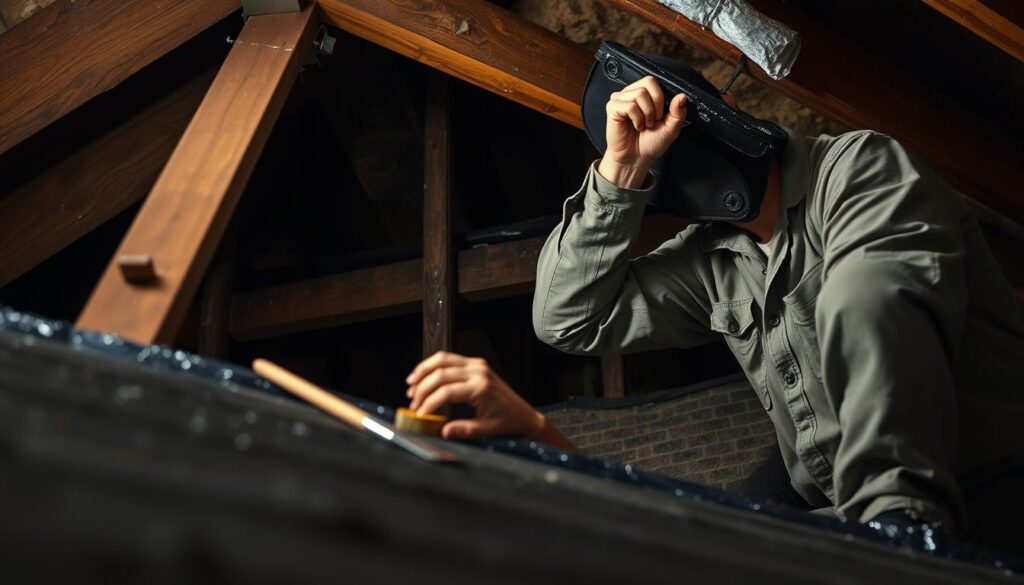 A professional craftsman wears modest casual clothing, carefully applying a temporary waterproof sealant to a roof from the interior side. The foreground features close-up details of the sealant application, showcasing the tools and materials used, like brushes and tar. In the middle ground, the roof's structure is visible, with exposed beams and insulation materials, illustrating the makeshift nature of the repairs. The background includes dim lighting that emphasizes the task at hand, creating a focused atmosphere. The scene captures a sense of urgency and practicality, highlighting the necessity of immediate solutions for roof waterproofing without any distracting elements like text or logos.