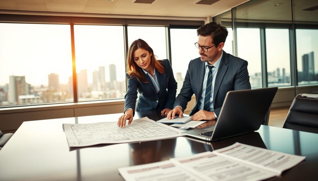 A professional office scene depicting a meeting between an architect and a homeowner discussing the formalities required for roof elevation permits. In the foreground, the architect, dressed in a smart suit, is pointing at a detailed blueprint on a sleek conference table. The homeowner, casually yet neatly dressed, appears engaged as they take notes. In the middle ground, there are documents and a laptop open, displaying permit forms and city regulations. The background features a large window with natural light streaming in, revealing a city skyline. The atmosphere is collaborative and focused, with warm lighting to create a professional yet inviting mood. Use a wide-angle lens to capture the setting in a slightly elevated perspective, emphasizing the teamwork involved in navigating the permit process. A professional office scene depicting a meeting between an architect and a homeowner discussing the formalities required for roof elevation permits. In the foreground, the architect, dressed in a smart suit, is pointing at a detailed blueprint on a sleek conference table. The homeowner, casually yet neatly dressed, appears engaged as they take notes. In the middle ground, there are documents and a laptop open, displaying permit forms and city regulations. The background features a large window with natural light streaming in, revealing a city skyline. The atmosphere is collaborative and focused, with warm lighting to create a professional yet inviting mood. Use a wide-angle lens to capture the setting in a slightly elevated perspective, emphasizing the teamwork involved in navigating the permit process.