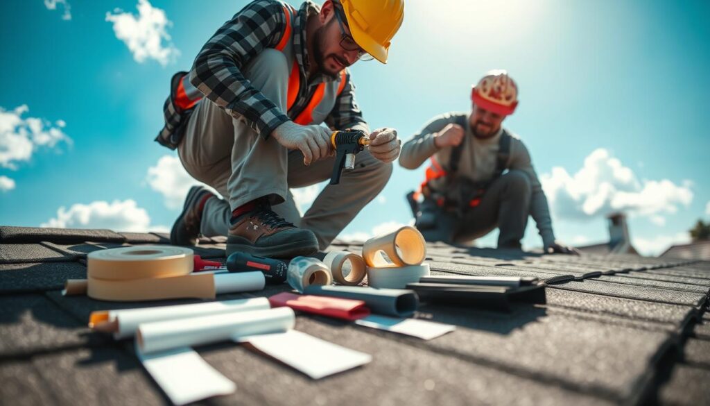 A professional roofer in a hard hat and safety gear is carefully inspecting a residential roof while applying sealant to repair leaks. The foreground captures the roofer kneeling on a sloped roof, showcasing tools such as a caulking gun and rolls of sealing tape nearby. In the middle, various materials for roof maintenance, including sealants and flashing, are spread out, indicating an ongoing maintenance process. The background features a bright blue sky with a few fluffy clouds, illuminating the scene with natural sunlight. The atmosphere is focused and diligent, reflecting the importance of effective roof maintenance. The angle is slightly elevated to emphasize the rooftops and the work being done, without any text or distractions. A professional roofer in a hard hat and safety gear is carefully inspecting a residential roof while applying sealant to repair leaks. The foreground captures the roofer kneeling on a sloped roof, showcasing tools such as a caulking gun and rolls of sealing tape nearby. In the middle, various materials for roof maintenance, including sealants and flashing, are spread out, indicating an ongoing maintenance process. The background features a bright blue sky with a few fluffy clouds, illuminating the scene with natural sunlight. The atmosphere is focused and diligent, reflecting the importance of effective roof maintenance. The angle is slightly elevated to emphasize the rooftops and the work being done, without any text or distractions.