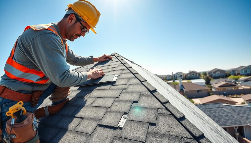 A professional roofer in a hard hat and safety gear meticulously applying shingles to a pitched roof under bright midday sunlight. The foreground showcases the roofer's focused expression and careful placement of shingles, while a tool belt hangs at their waist. In the middle ground, the roof structure is visible, featuring a mix of traditional asphalt shingles and modern metal panels being installed with precision. The background reveals a neighborhood with various homes, all under clear blue skies, ensuring a bright and inviting atmosphere. The image should convey a sense of professionalism, craftsmanship, and the importance of quality in roofing installation.