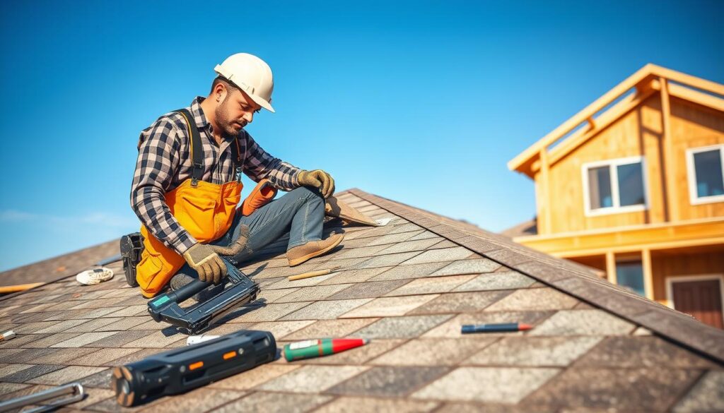 A professional roofer in a modern construction setting, meticulously installing shingles on a newly framed roof. The foreground features the roofer, dressed in professional work attire, with safety gear including a hard hat and gloves, focusing intently on his task. In the middle ground, tools such as a nail gun, ladder, and shingles are organized neatly, highlighting the intricate work involved. The background shows a partially finished house against a clear blue sky, with sunlight casting soft shadows across the scene, creating a warm and industrious atmosphere. The composition is shot from a slightly elevated angle, emphasizing the detailed craftsmanship and the complexity of labor costs involved in roofing projects.