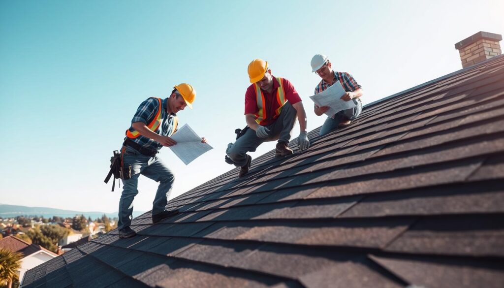 A professional roofer team performing a roof replacement on a residential building, showcasing careful and skilled craftsmanship. In the foreground, two workers, dressed in smart casual work attire and safety helmets, are meticulously installing shingles, while another team member checks their progress with blueprints. The middle ground features the partially dismantled roof and a scenic urban backdrop with nearby trees and houses. Bright, natural lighting from a clear blue sky illuminates the scene, casting soft shadows that enhance the details of the work being done. The atmosphere conveys a sense of meticulous professionalism and teamwork, highlighting the benefits of hiring skilled contractors for roof replacement. A professional roofer team performing a roof replacement on a residential building, showcasing careful and skilled craftsmanship. In the foreground, two workers, dressed in smart casual work attire and safety helmets, are meticulously installing shingles, while another team member checks their progress with blueprints. The middle ground features the partially dismantled roof and a scenic urban backdrop with nearby trees and houses. Bright, natural lighting from a clear blue sky illuminates the scene, casting soft shadows that enhance the details of the work being done. The atmosphere conveys a sense of meticulous professionalism and teamwork, highlighting the benefits of hiring skilled contractors for roof replacement.