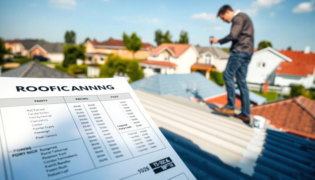 A professional setting illustrating a roof painting price list for 2026. In the foreground, a detailed, neatly arranged table displaying various pricing options for roofing paint services with graphics showcasing paint types and colors. The middle ground features a painter in smart casual attire, actively working on a roof, with high-quality painting tools visible. In the background, a suburban landscape with a few houses, showcasing freshly painted roofs in multiple styles and colors under a clear blue sky. Soft, natural lighting emphasizes the professionalism of the painting service, while a sense of optimism and cleanliness fills the atmosphere, reflecting a modern approach to home maintenance. The angle is slightly elevated, providing a comprehensive view of the scene. A professional setting illustrating a roof painting price list for 2026. In the foreground, a detailed, neatly arranged table displaying various pricing options for roofing paint services with graphics showcasing paint types and colors. The middle ground features a painter in smart casual attire, actively working on a roof, with high-quality painting tools visible. In the background, a suburban landscape with a few houses, showcasing freshly painted roofs in multiple styles and colors under a clear blue sky. Soft, natural lighting emphasizes the professionalism of the painting service, while a sense of optimism and cleanliness fills the atmosphere, reflecting a modern approach to home maintenance. The angle is slightly elevated, providing a comprehensive view of the scene.