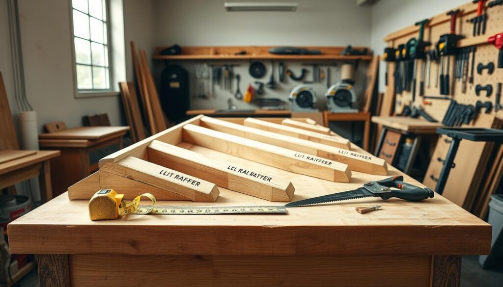 A professional workspace for cutting roofing rafters, featuring a neat arrangement of essential tools and materials. In the foreground, a sturdy wooden workbench displays several angled rafters, clearly marked with cutting lines and measurements. Next to the rafters, there's a tape measure, a square, and a sharp handsaw. The middle ground includes a bright overhead light casting clear shadows, emphasizing the precision required for the task. The background showcases a well-organized workshop with a wall lined with various cutting tools, such as circular saws and clamps. Natural light filters in through a window, creating a focused atmosphere that highlights craftsmanship and attention to detail. The overall mood is professional and industrious, perfect for illustrating the tools and materials necessary for accurately cutting rafters.