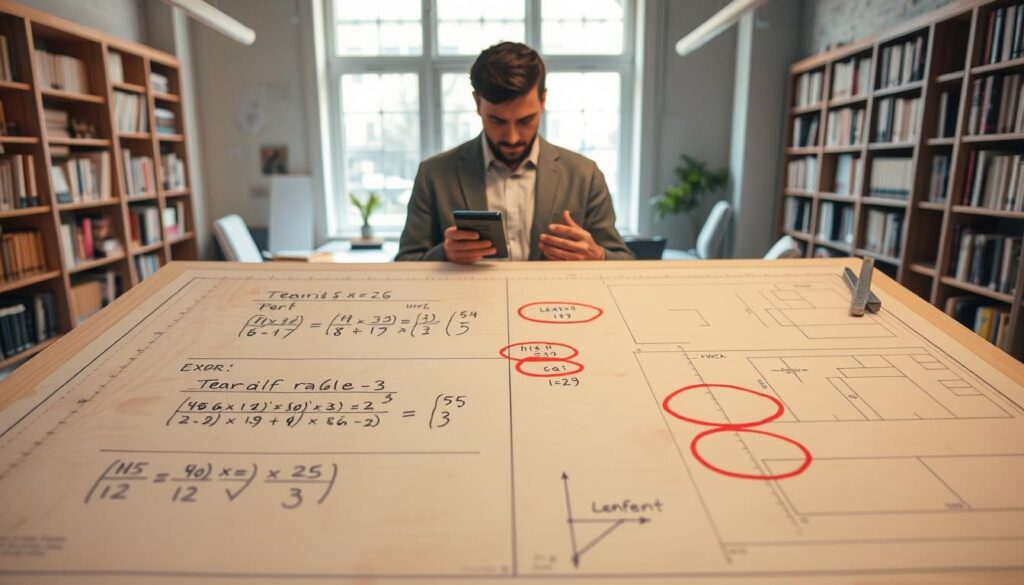 A professional workspace showcasing common calculation errors in roof rafter length. In the foreground, a large wooden drawing board with architectural plans laid out, featuring scrawled incorrect equations and diagrams with red circles around errors. In the middle ground, a person in professional attire, focused and holding a calculator, surrounded by tools like a protractor and ruler. The background features a softly lit office with shelves of reference books and a large window letting in natural light, creating a warm and studious atmosphere. The focus should be on the drawing board and the person, highlighting the theme of learning from mistakes in calculations. The overall mood is educational and reflective, inviting viewers to contemplate the importance of accuracy.