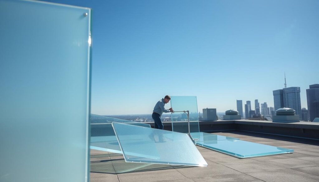 A rooftop scene showcasing an installation of plexiglass sheets, emphasizing their transparent and glossy texture. In the foreground, several large, smooth panels of plexiglass are neatly arranged, glinting softly under bright sunlight. In the middle, a skilled worker in professional attire is carefully measuring and cutting the plexiglass, demonstrating precision and care. The background features a modern urban skyline with a clear blue sky, enhancing the sense of a contemporary setting. Soft shadows cast by the panels and the worker create a dynamic interplay of light and form. The overall mood is one of diligence and craftsmanship, encapsulating the essence of the subject with clarity and focus. A rooftop scene showcasing an installation of plexiglass sheets, emphasizing their transparent and glossy texture. In the foreground, several large, smooth panels of plexiglass are neatly arranged, glinting softly under bright sunlight. In the middle, a skilled worker in professional attire is carefully measuring and cutting the plexiglass, demonstrating precision and care. The background features a modern urban skyline with a clear blue sky, enhancing the sense of a contemporary setting. Soft shadows cast by the panels and the worker create a dynamic interplay of light and form. The overall mood is one of diligence and craftsmanship, encapsulating the essence of the subject with clarity and focus.