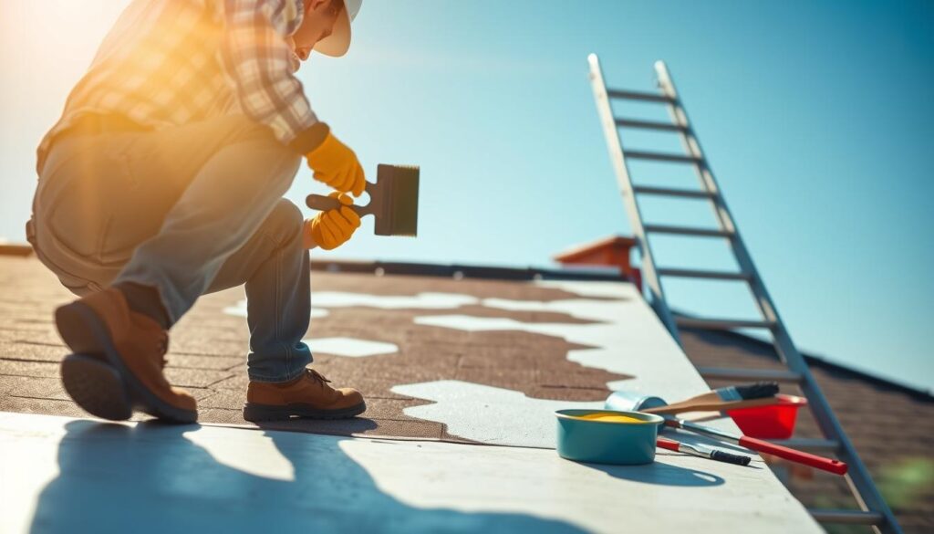 A scene depicting the preparation of a roof surface before painting. In the foreground, a professional wearing a safety helmet and work gloves inspects the roof, holding a paint scraper and a brush. The middle ground showcases a freshly cleaned roof, with patches of primer showing on uneven surfaces, emphasizing the importance of a solid foundation before painting. Surrounding the scene, tools like paint trays, brushes, and a ladder are placed neatly. The background features a bright blue sky, casting warm natural light onto the scene, creating a productive atmosphere. The image captures the meticulous nature of roof preparation, showcasing the dedication to quality work without any text or distractions. A scene depicting the preparation of a roof surface before painting. In the foreground, a professional wearing a safety helmet and work gloves inspects the roof, holding a paint scraper and a brush. The middle ground showcases a freshly cleaned roof, with patches of primer showing on uneven surfaces, emphasizing the importance of a solid foundation before painting. Surrounding the scene, tools like paint trays, brushes, and a ladder are placed neatly. The background features a bright blue sky, casting warm natural light onto the scene, creating a productive atmosphere. The image captures the meticulous nature of roof preparation, showcasing the dedication to quality work without any text or distractions.