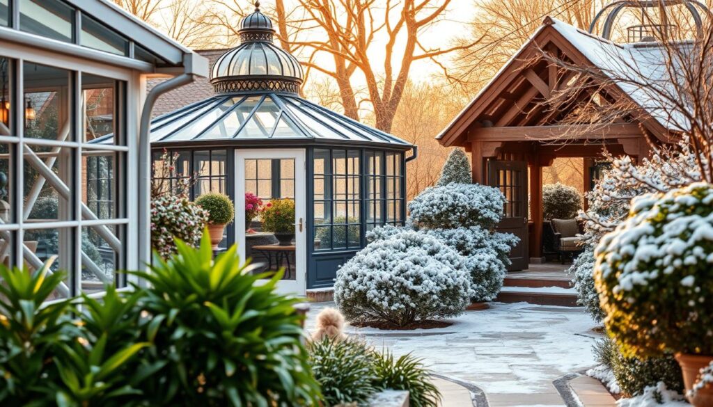 A serene and inviting collection of different types of winter gardens, showcasing a variety of architectural styles. In the foreground, a contemporary glass garden with lush green plants and comfortable seating. The middle ground features a classic Victorian-style conservatory made of wrought iron and glass, filled with colorful flowers. In the background, a rustic wooden garden structure surrounded by snow-covered shrubs, with warm golden light filtering through the branches. The scene is bathed in soft, natural lighting, creating a cozy atmosphere. The perspective is slightly elevated, capturing the intricacies of design and the gardens’ harmonious integration with nature.