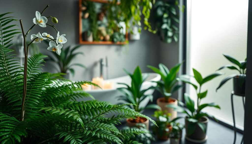 A serene and inviting perspective of a humid bathroom filled with lush, vibrant plants, specifically chosen to thrive in low-light and wet conditions. In the foreground, display rich green ferns and delicate orchids with droplets of water on their leaves, enhancing the sense of humidity. In the middle ground, include a stylish bathtub surrounded by glowing candles and small pots of peace lilies and philodendrons. The background should feature soft, diffused natural light streaming through a frosted window, casting gentle shadows. The atmosphere is tranquil and calming, perfect for a bathroom oasis that emphasizes relaxation and natural beauty. The overall composition should inspire a sense of peace and rejuvenation.