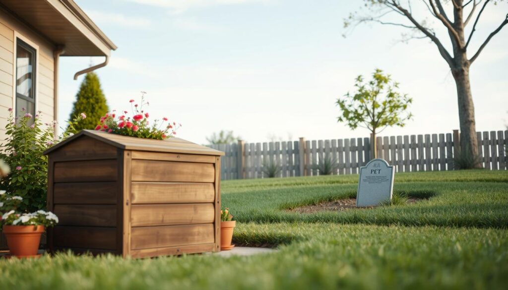 A serene backyard scene depicting safe options for the disposal of a deceased dog. In the foreground, a wooden compost bin is neatly placed, surrounded by potted plants and flowers, symbolizing natural burial methods. The middle ground features a discreet, marked pet grave with a small, elegant memorial stone, set in a grassy area under a tree, offering a tranquil resting place. In the background, a clear sky with soft, diffused lighting provides a calm atmosphere, emphasizing respect and care for pets. The angle is slightly elevated to capture both the foreground and middle ground effectively, creating a cohesive and peaceful ambiance that reflects the importance of compassionate pet disposal practices. A serene backyard scene depicting safe options for the disposal of a deceased dog. In the foreground, a wooden compost bin is neatly placed, surrounded by potted plants and flowers, symbolizing natural burial methods. The middle ground features a discreet, marked pet grave with a small, elegant memorial stone, set in a grassy area under a tree, offering a tranquil resting place. In the background, a clear sky with soft, diffused lighting provides a calm atmosphere, emphasizing respect and care for pets. The angle is slightly elevated to capture both the foreground and middle ground effectively, creating a cohesive and peaceful ambiance that reflects the importance of compassionate pet disposal practices.