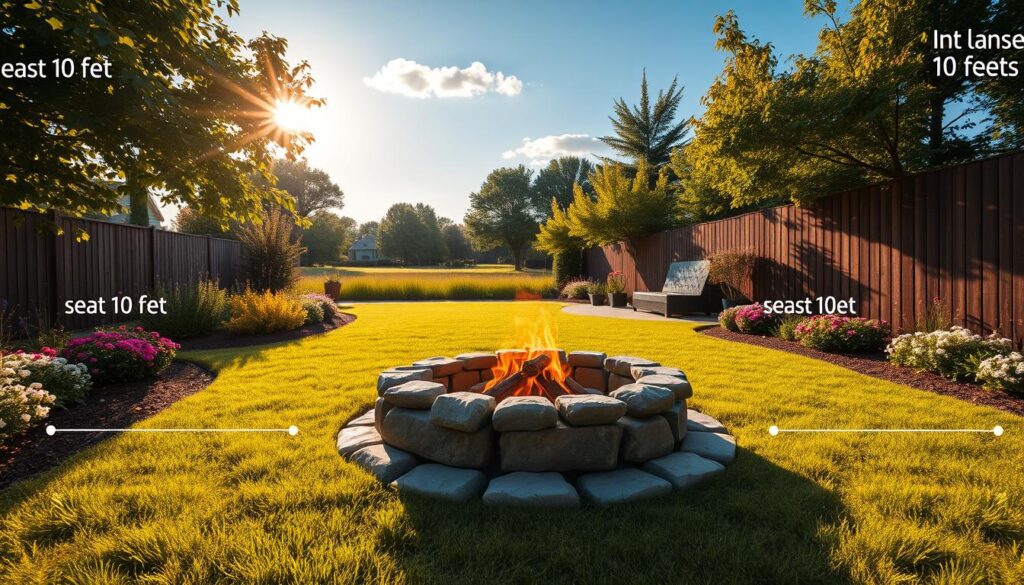 A serene backyard scene depicting the safe distance guidelines for a campfire in a garden setting. In the foreground, a cozy yet clearly marked fire pit surrounded by natural stones. To one side, a measure of at least 10 feet from the fire pit to decorative flower beds and wooden fences, illustrated with subtle markers. In the middle ground, lush green grass and vibrant flowers enhance the aesthetic, while distant trees provide a natural backdrop. Soft golden sunlight filters through the leaves, casting gentle shadows that create a warm atmosphere. A clear blue sky is visible above, with a few fluffy clouds adding texture. The overall mood is calm and inviting, perfect for outdoor gatherings, emphasizing safety and compliance without any text or human presence.