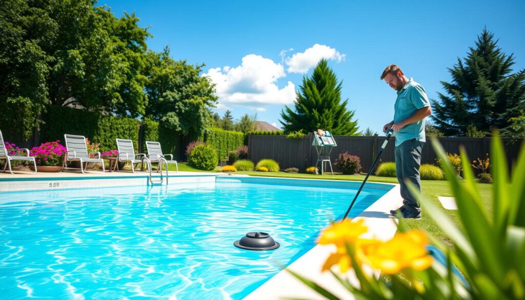 A serene backyard scene featuring a well-maintained swimming pool during the summer. In the foreground, a professional individual in modest casual clothing inspects the pool's water quality using testing kits and tools. In the middle ground, the sparkling blue water reflects sunlight, with poolside cleaning equipment like a skimmer and a vacuum nearby. Lush greenery surrounds the pool area, with vibrant flowers and a neatly manicured lawn, emphasizing a relaxing atmosphere. In the background, a clear blue sky with a few fluffy clouds completes the summer vibe. The scene is brightly lit, suggesting midday sun, with a gentle focus on the individual and tools, highlighting the theme of pool maintenance costs during the summer season. A serene backyard scene featuring a well-maintained swimming pool during the summer. In the foreground, a professional individual in modest casual clothing inspects the pool's water quality using testing kits and tools. In the middle ground, the sparkling blue water reflects sunlight, with poolside cleaning equipment like a skimmer and a vacuum nearby. Lush greenery surrounds the pool area, with vibrant flowers and a neatly manicured lawn, emphasizing a relaxing atmosphere. In the background, a clear blue sky with a few fluffy clouds completes the summer vibe. The scene is brightly lit, suggesting midday sun, with a gentle focus on the individual and tools, highlighting the theme of pool maintenance costs during the summer season.