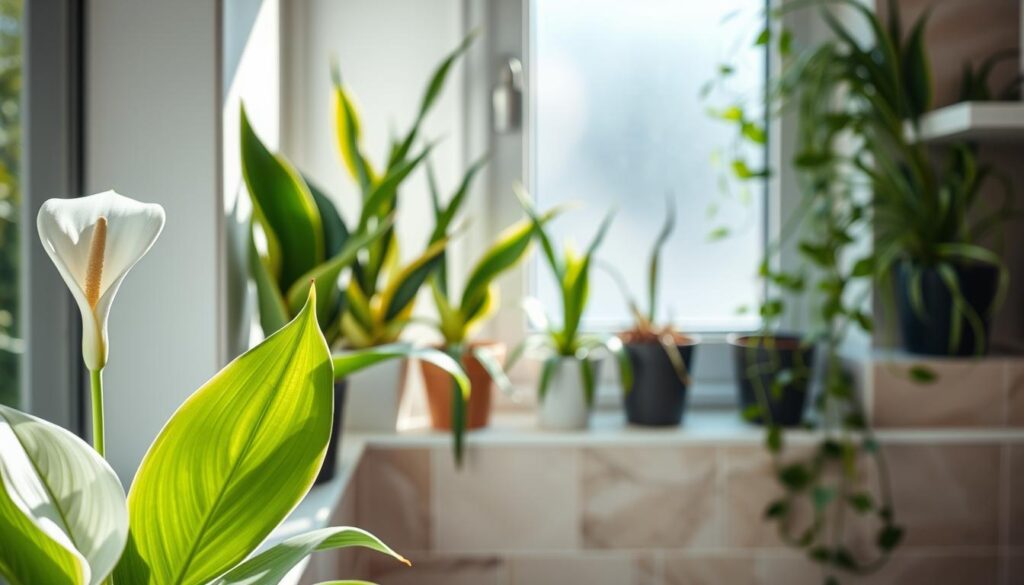 A serene bathroom interior featuring a variety of air-purifying plants, such as peace lilies, snake plants, and spider plants, arranged elegantly on window sills and shelves. In the foreground, a close-up of a peace lily's delicate white flowers surrounded by vibrant green foliage. The middle ground shows the snake plants with their upright, architectural leaves, and a spider plant cascading over the edge of a shelf. The background is softly blurred, revealing neutral-colored tiles and calming, natural light filtering through a frosted window, creating a fresh and inviting atmosphere. The scene is bright with a cozy ambiance, emphasizing tranquility and well-being.