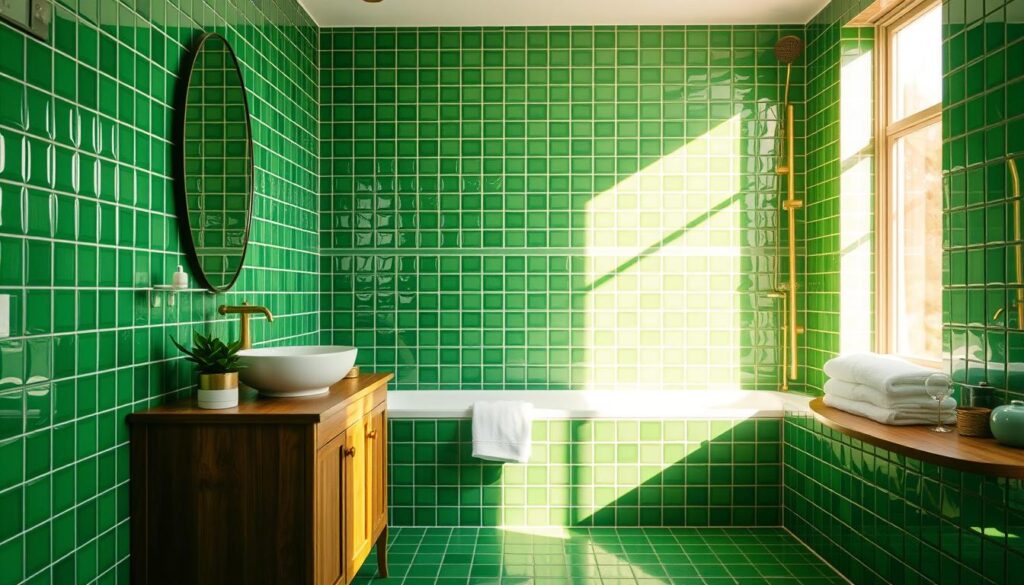 A serene bathroom scene featuring vibrant green tiles in various shades, creating a harmonious and refreshing atmosphere. The foreground includes a stylish wooden vanity with elegant gold accents and decorative accessories, such as potted plants in ceramic pots. The middle ground showcases the green tiled walls, reflecting natural light that pours in from a nearby window, casting gentle shadows. The background reveals soft white towels neatly arranged, complementing the green hues. The overall lighting is bright yet calming, with a slight warm glow enhancing the natural textures. The composition should convey a modern, tranquil retreat, inviting relaxation and sophistication, ideal for a luxurious bathroom ambiance.
