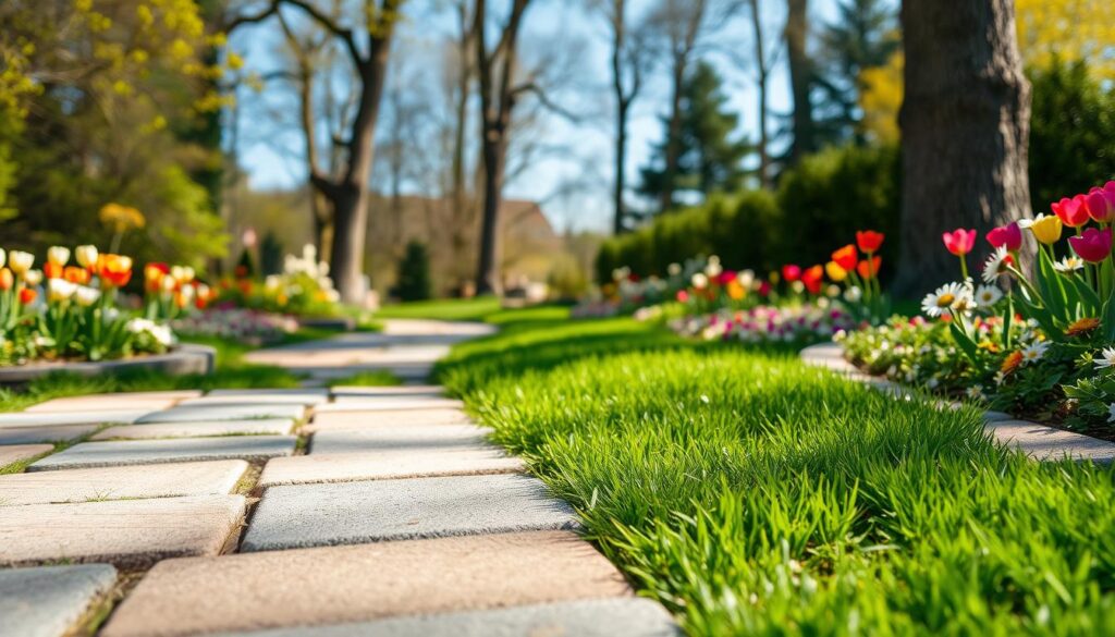 A serene garden pathway featuring decorative garden slabs, known as "płyty ogrodowe." In the foreground, focus on a variety of textured slabs in shades of grey and beige, arranged neatly along the path. The middle ground showcases vibrant green grass and colorful flower beds, with blooming plants like tulips and daisies on either side. The background features a soft-focus view of tall trees under a clear blue sky, casting gentle dappled sunlight on the path. The scene exudes a peaceful atmosphere, inviting relaxation and contemplation. Shot with a crisp depth of field to highlight the details of the garden slabs, enhancing the tranquil and harmonious mood of the outdoor space.
