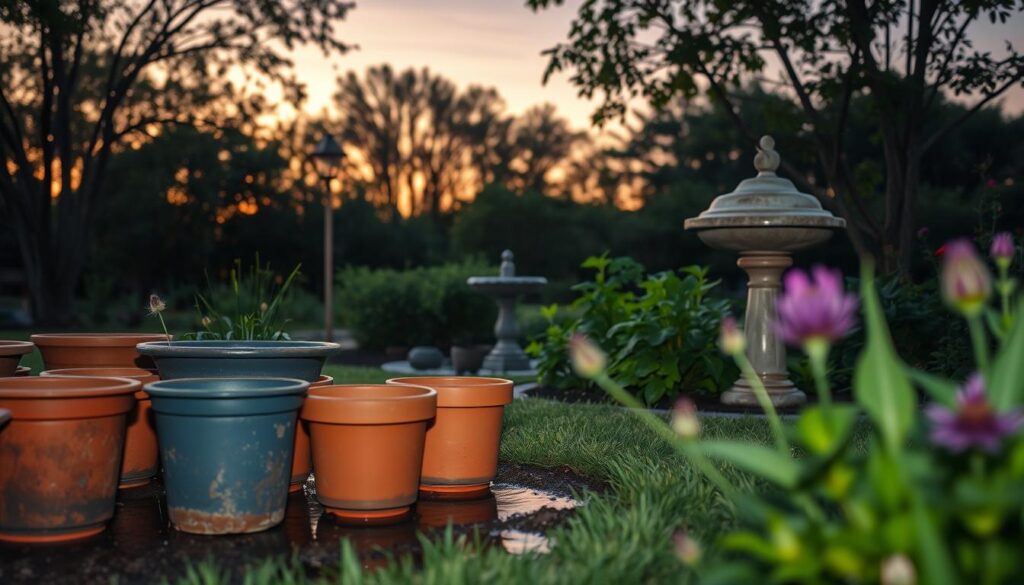 A serene garden scene at dusk, showcasing effective methods for eliminating water sources. In the foreground, a neatly arranged collection of flower pots is strategically drilled to allow drainage, with a subtle spark of sunlight reflecting on the water pooling at their base. In the middle, a landscape with a small, covered birdbath sits adjacent to diverse plants, illustrating how to limit stagnant water. A gentle breeze rustles the leaves, creating a calming atmosphere. In the background, soft-focus trees create a natural frame under a twilight sky, casting warm hues of orange and pink. The scene is well-lit by ambient twilight, emphasizing a peaceful yet practical approach to mosquito control, with no text or distractions present.
