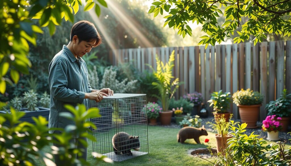 A serene garden scene depicting a lush, green backyard in early morning light, with soft rays of sunlight filtering through leaves. In the foreground, a person of Asian descent in modest casual clothing is setting up a humane trap designed to safely capture a pine marten. The middle ground features various garden plants and decorative elements, such as potted flowers and a small water feature, contributing to a peaceful atmosphere. In the background, a sturdy wooden fence can be seen, ensuring the garden's security. The overall mood is calm and proactive, highlighting solutions for protecting the garden without harm to wildlife. The image should be well-lit, with a focus on natural colors and textures, capturing the essence of a well-maintained outdoor space.